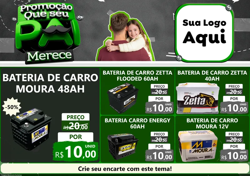Modelo de Encarte para Encarte A4 Horizontal com o tema Promoção Que seu Pai Merece para Baterias Elétricas