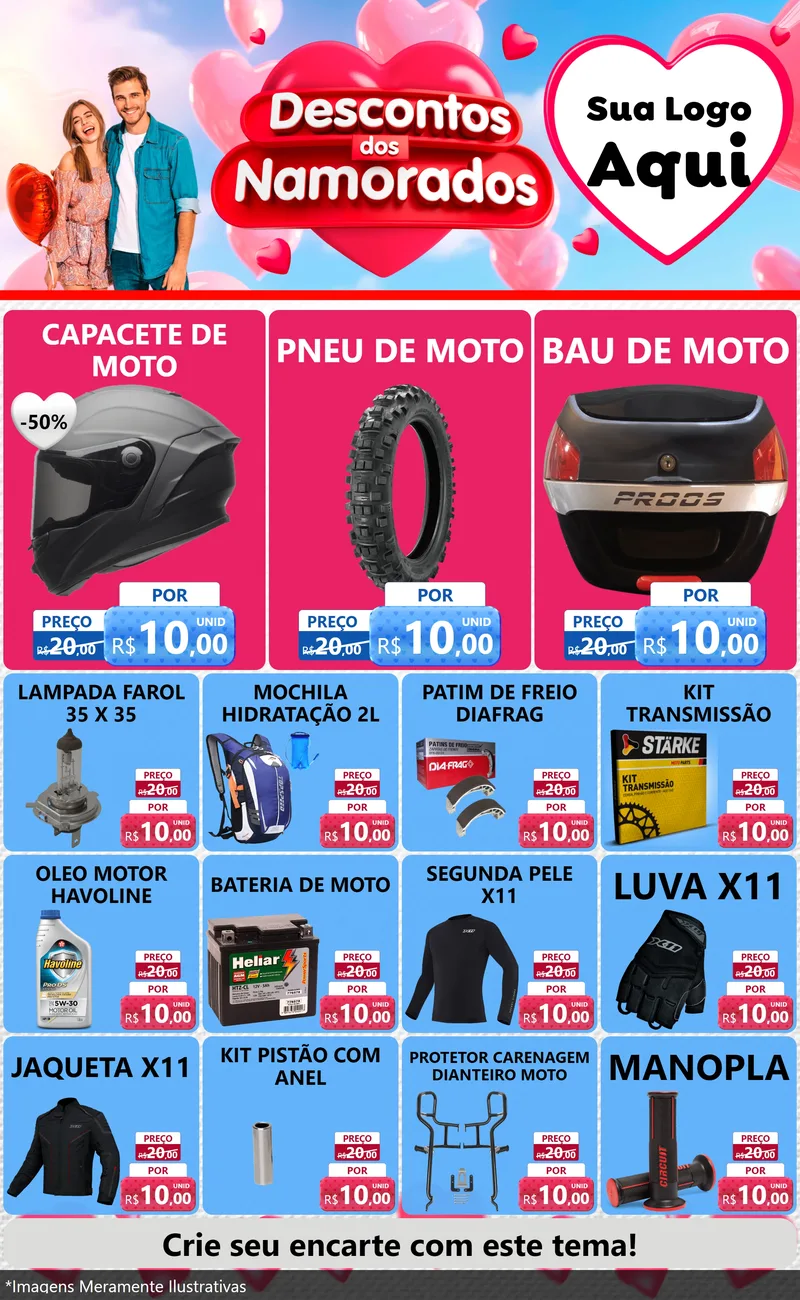 Modelo de Encarte para Encarte Grande com o tema Descontos dos Namorados para Moto peças