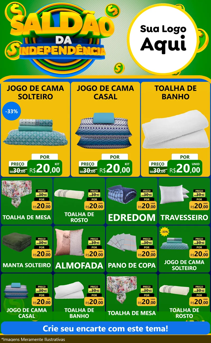 Modelo de Encarte para Encarte Grande com o tema Saldão da Indepêndencia para Cama, Mesa e Banho