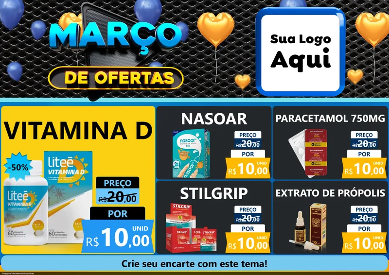 Modelo de Encarte para Encarte A4 Horizontal com o tema Março de Ofertas para Farmácia