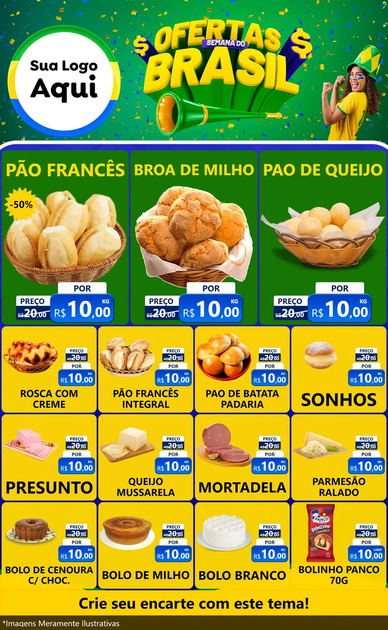 Modelo de Encarte para Encarte Grande com o tema Ofertas Semana do Brasil para Padaria
