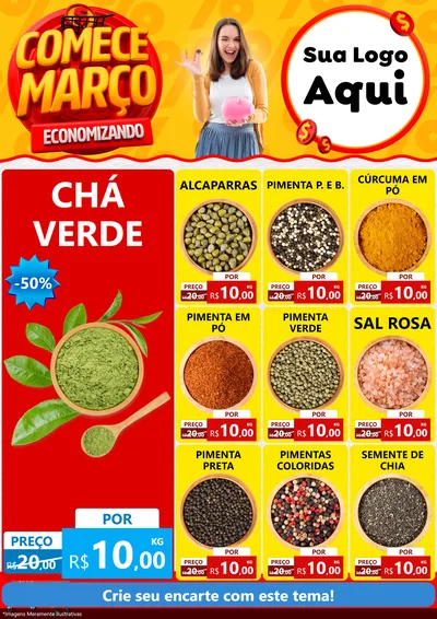 Modelo de Encarte para Encarte A4 Vertical com o tema Comece Março Economizando para Produtos Naturais