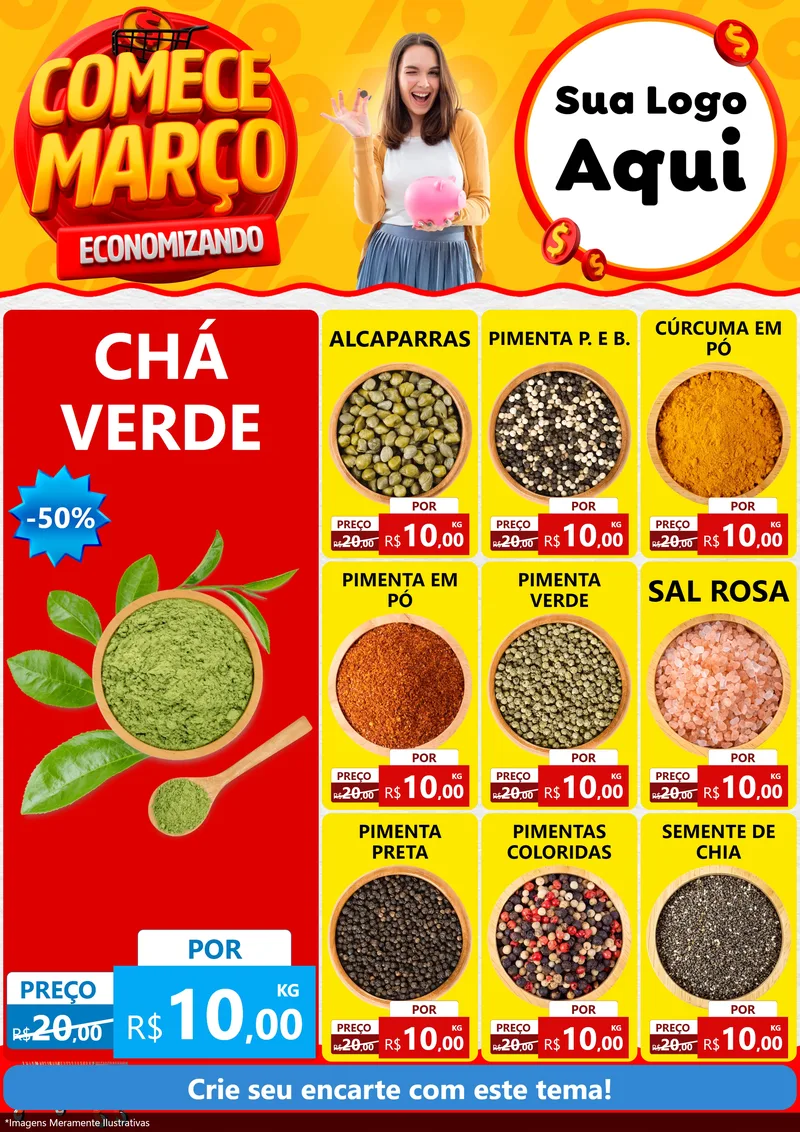 Modelo de Encarte para Encarte A4 Vertical com o tema Comece Março Economizando para Produtos Naturais