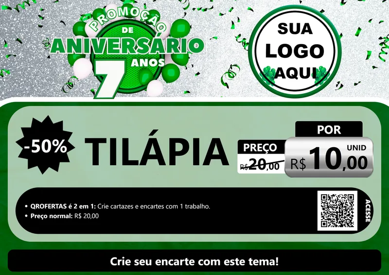 Modelo de Cartaz para Cartaz A4 Horizontal com o tema Promoção de Aniversário - 7 Anos para Peixaria