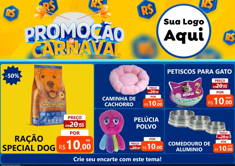 Modelo de Encarte para Encarte A4 Horizontal com o tema Promoção de Carnaval para Pet Shop