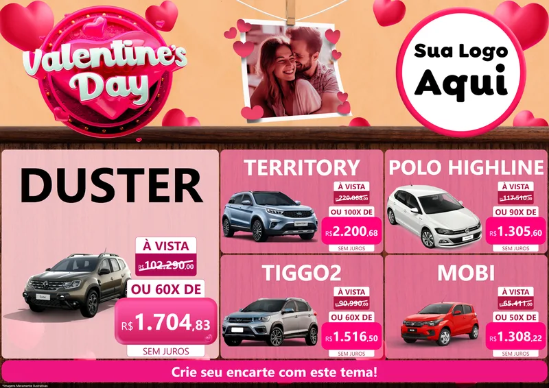 Modelo de Encarte para Encarte A4 Horizontal com o tema Valentine's Day para Concessionaria de Carros