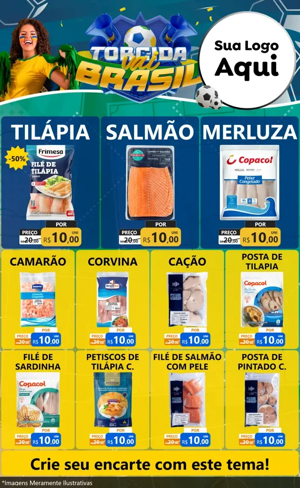 Modelo de Encarte para Encarte Grande com o tema Torcida Vai Brasil - Copa para Peixaria