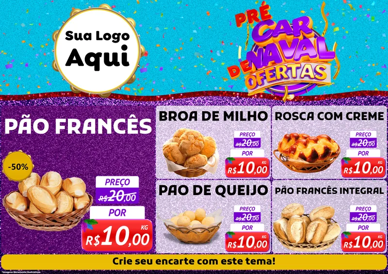 Modelo de Encarte para Encarte A4 Horizontal com o tema Pré Carnaval de Ofertas para Padaria