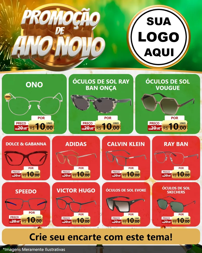 Modelo de Rede Social para Feed Instagram com o tema Promoção de Ano Novo para Óticas