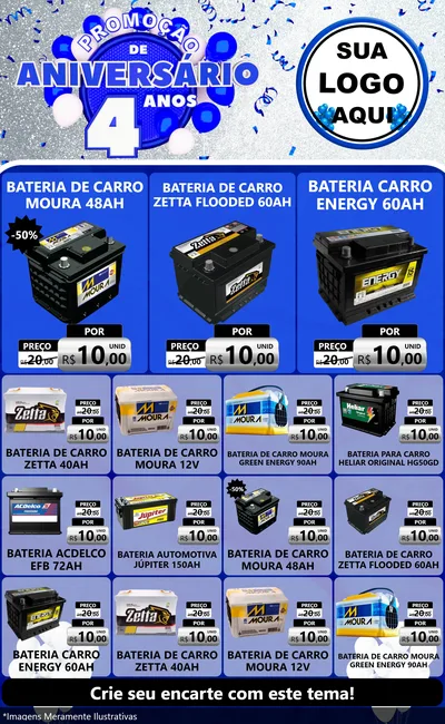 Modelo de Encarte para Encarte Grande com o tema Promoção de Aniversário - 4 Anos para Baterias Elétricas
