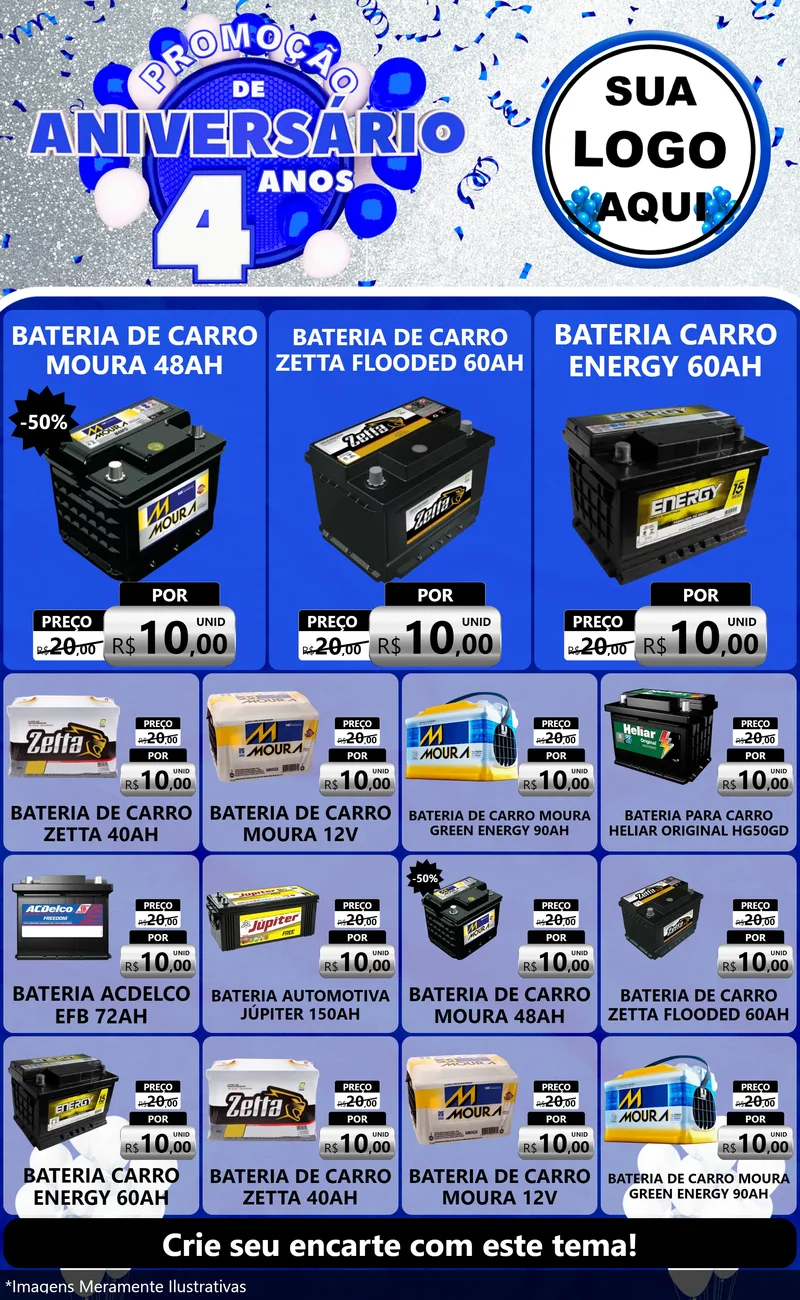 Modelo de Encarte para Encarte Grande com o tema Promoção de Aniversário - 4 Anos para Baterias Elétricas