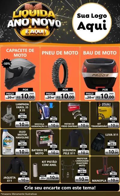 Modelo de Encarte para Encarte Grande com o tema Liquida Ano Novo É Aqui! para Moto peças
