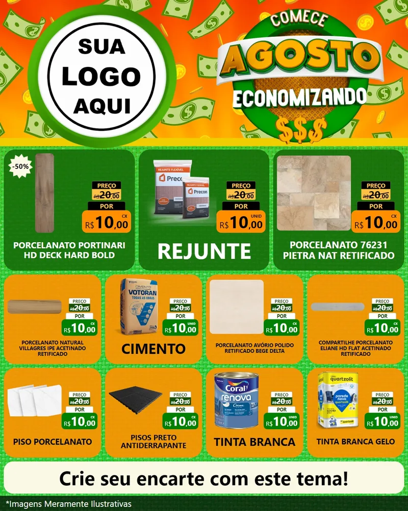 Modelo de Rede Social para Feed Instagram com o tema Comece Agosto Economizando para Pisos e revestimentos