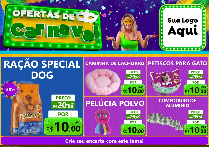 Modelo de Encarte para Encarte A4 Horizontal com o tema Ofertas de Carnaval para Pet Shop