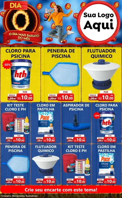 Modelo de Encarte para Encarte Grande com o tema Dia O - O Dia Mais Barato Do Mês para Produtos para Piscina