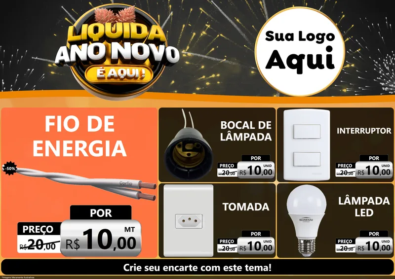 Modelo de Encarte para Encarte A4 Horizontal com o tema Liquida Ano Novo É Aqui! para Materiais Elétricos