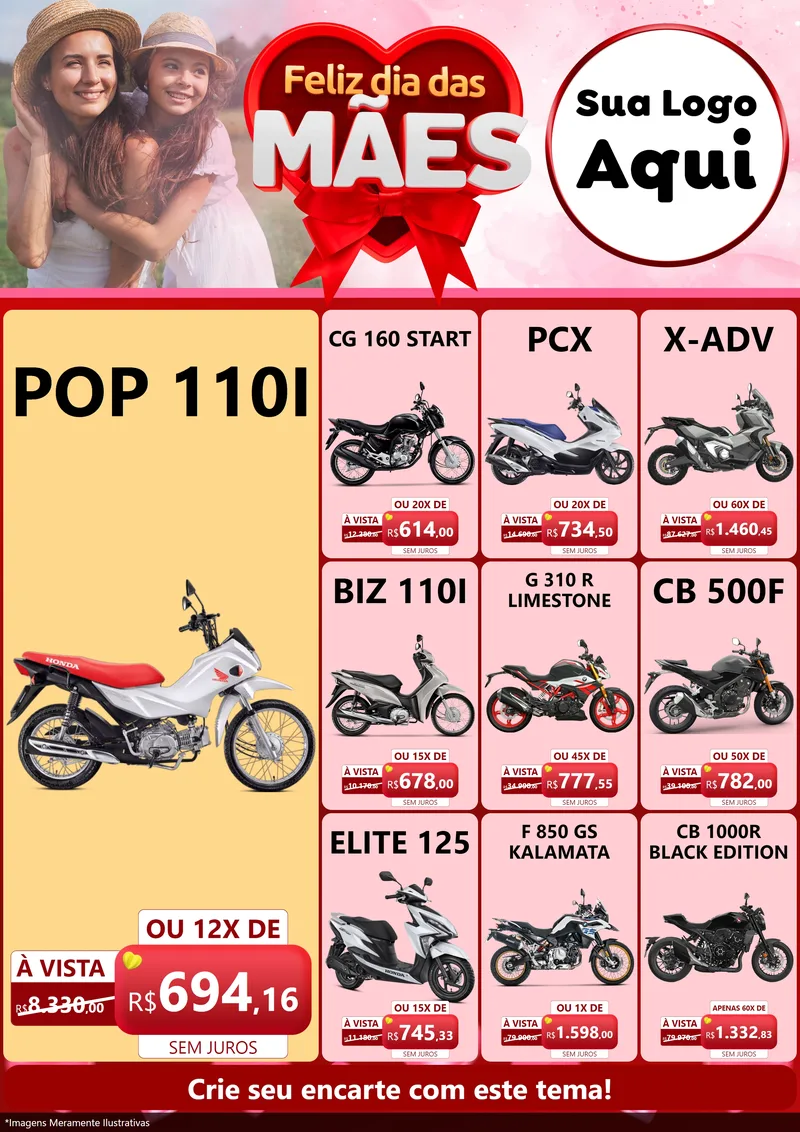 Modelo de Encarte para Encarte A4 Vertical com o tema Feliz Dia Das Mães para Concessionaria de Motos