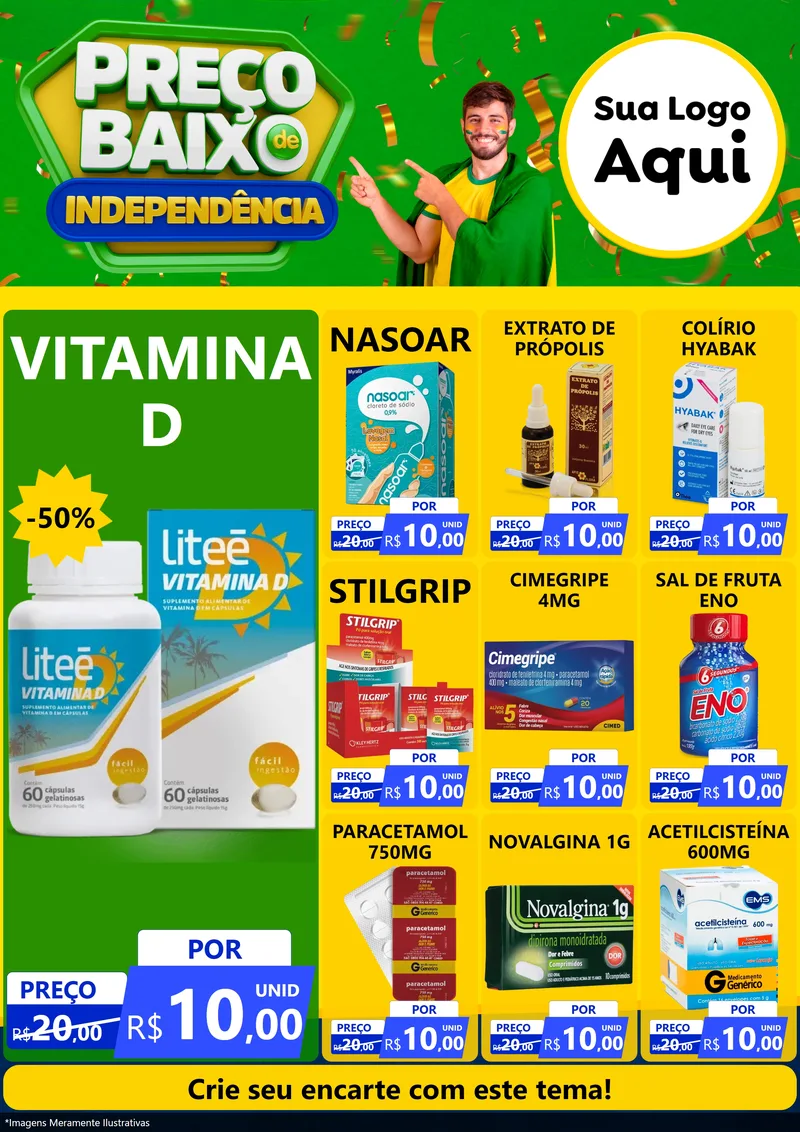 Modelo de Encarte para Encarte A4 Vertical com o tema Preço Baixo de Independência para Farmácia