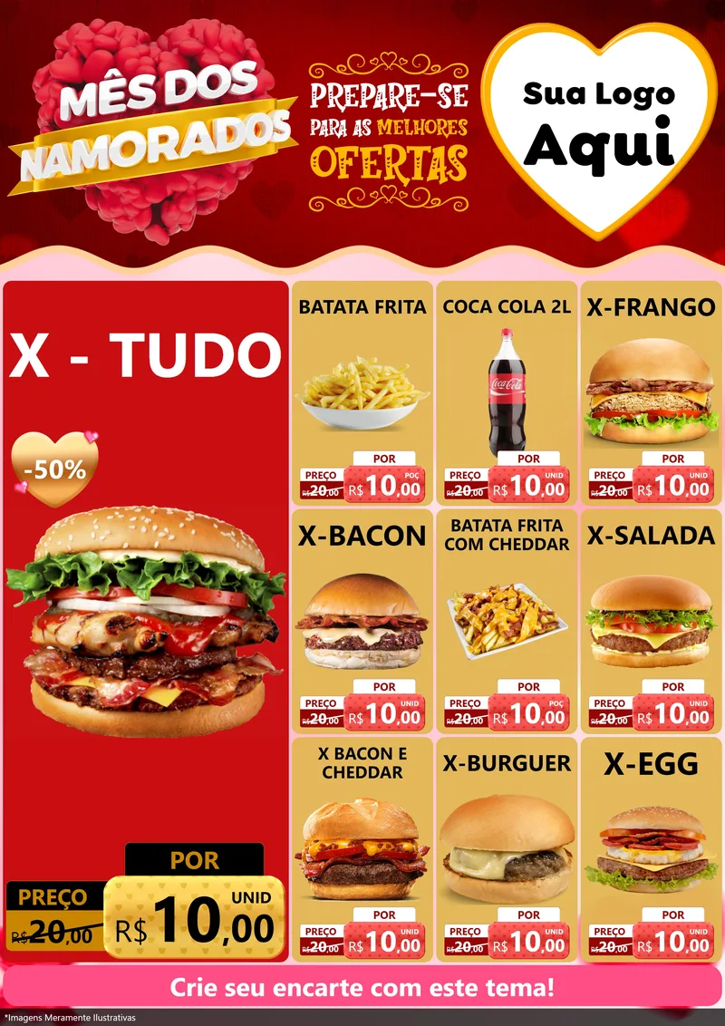 Modelo de Encarte para Encarte A4 Vertical com o tema Mês dos Namorados para Hamburgueria