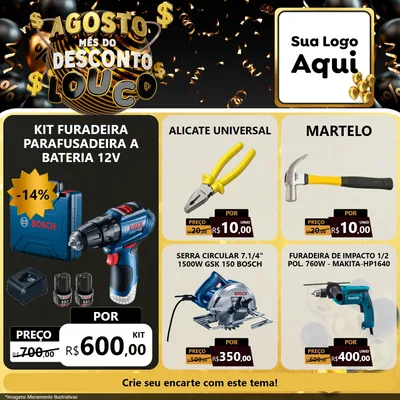 Modelo de Rede Social para Feed Facebook com o tema Agosto Mês do Desconto Louco para Maquinas e Ferramentas