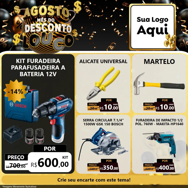 Modelo de Rede Social para Feed Facebook com o tema Agosto Mês do Desconto Louco para Maquinas e Ferramentas