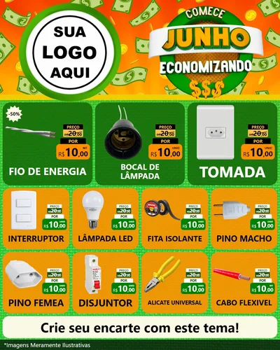 Modelo de Rede Social para Feed Instagram com o tema Comece Junho Economizando para Materiais Elétricos