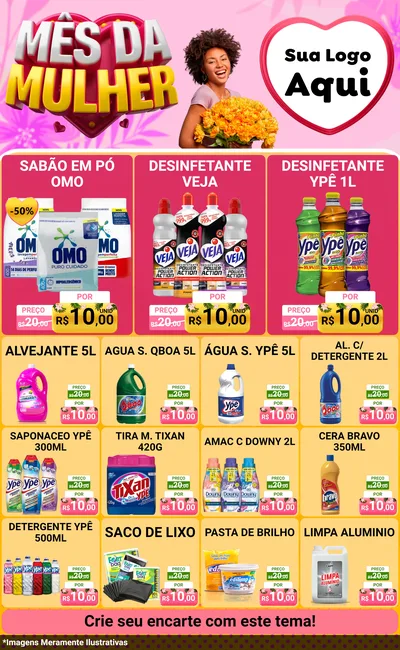 Modelo de Encarte para Encarte Grande com o tema Mês da Mulher para Produtos de Limpeza