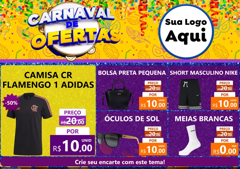 Modelo de Encarte para Encarte A4 Horizontal com o tema Carnaval de Ofertas para Roupas e acessórios