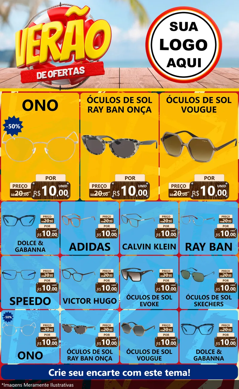 Modelo de Encarte para Encarte Grande com o tema Verão de Ofertas para Óticas