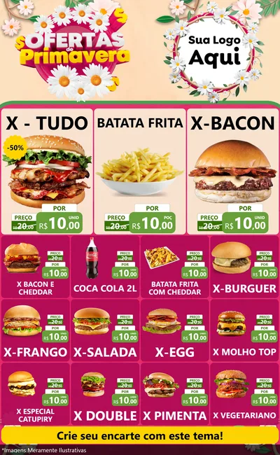 Modelo de Encarte para Encarte Grande com o tema Ofertas de Primavera para Hamburgueria