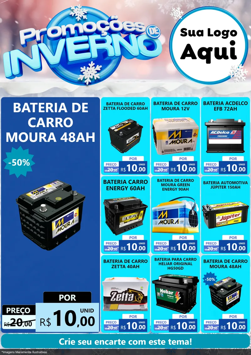 Modelo de Encarte para Encarte A4 Vertical com o tema Promoções de Inverno para Baterias Elétricas
