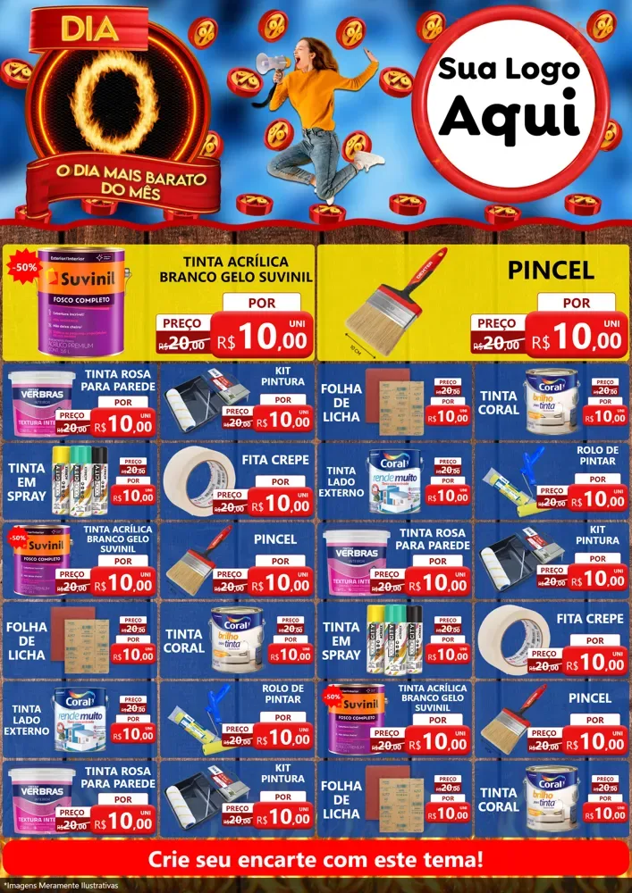 Modelo de Encarte para Encarte A4 Vertical com o tema Dia O - O Dia Mais Barato Do Mês para Tintas e Ferramentas