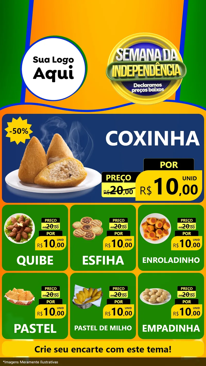 Modelo de Rede Social para Stories com o tema Semana da Independência Declaramos Preços Baixos para Salgadaria
