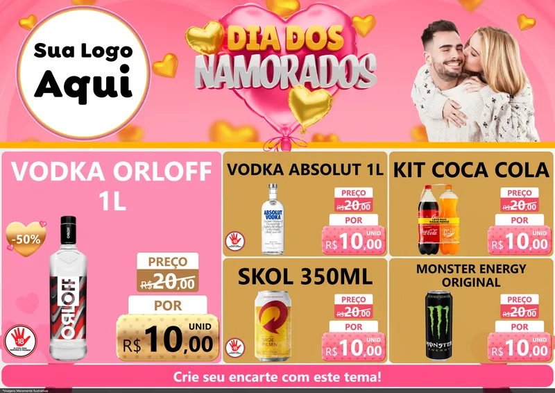 Modelo de Encarte para Encarte A4 Horizontal com o tema Dia dos Namorados para Distribuidora de bebidas