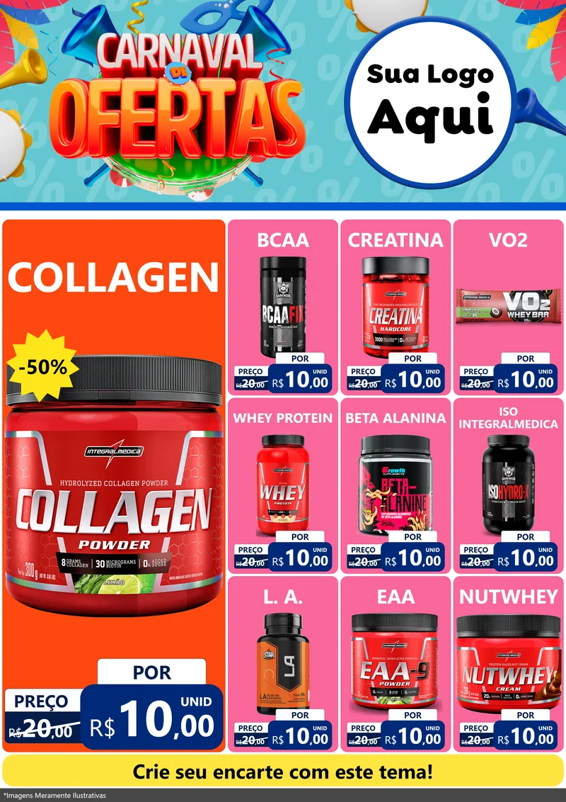 Modelo de Encarte para Encarte A4 Vertical com o tema Carnaval de Ofertas para Suplementos alimentares
