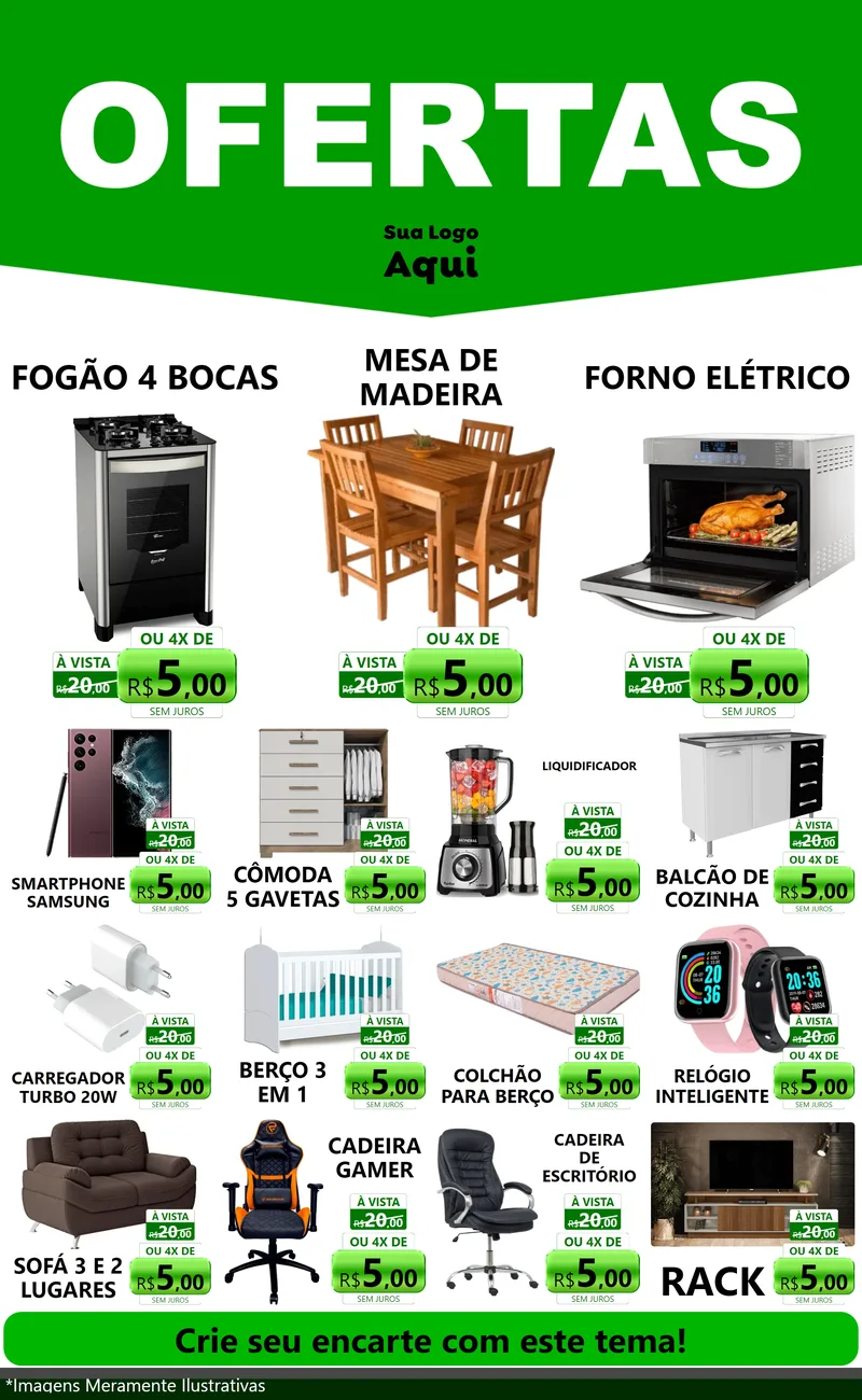 Modelo de Encarte para Encarte Grande com o tema Ofertas Verde Cartaz para Móveis e Eletro