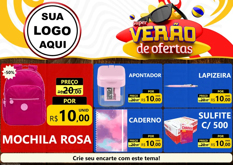 Modelo de Encarte para Encarte A4 Horizontal com o tema Super Verão de Ofertas para Papelaria