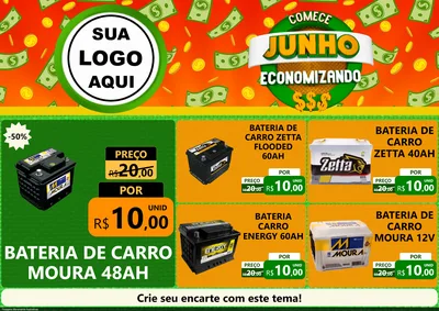 Modelo de Encarte para Encarte A4 Horizontal com o tema Comece Junho Economizando para Baterias Elétricas
