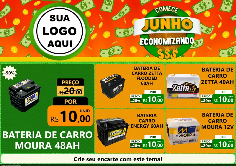 Modelo de Encarte para Encarte A4 Horizontal com o tema Comece Junho Economizando para Baterias Elétricas