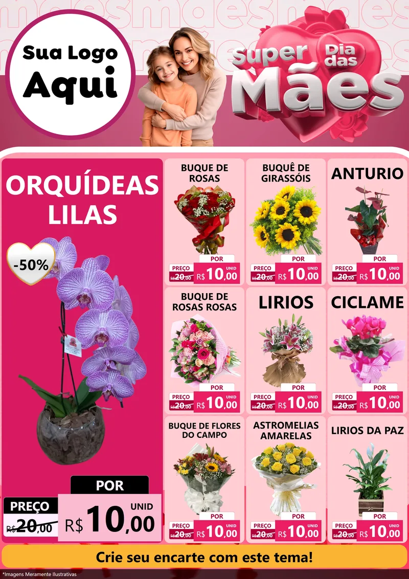 Modelo de Encarte para Encarte A4 Vertical com o tema Super Dia Das Mães para Floricultura e jardim
