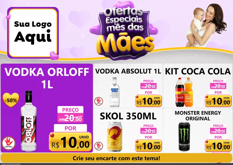 Modelo de Encarte para Encarte A4 Horizontal com o tema Ofertas Especiais - Mês das Mães para Distribuidora de bebidas