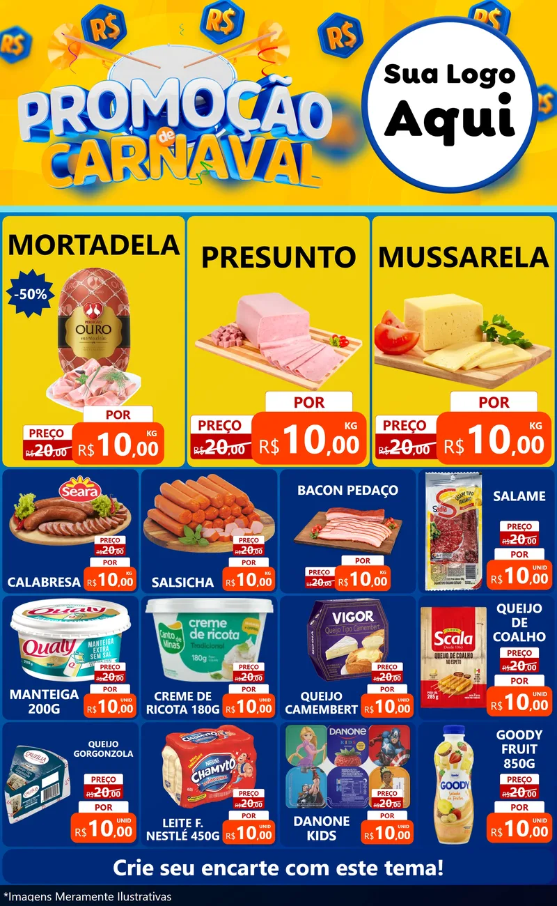 Modelo de Encarte para Encarte Grande com o tema Promoção de Carnaval para Frios e Laticínios