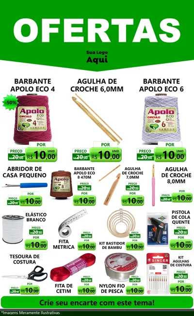Modelo de Encarte para Encarte Grande com o tema Ofertas Verde Cartaz para Armarinho e Aviamentos