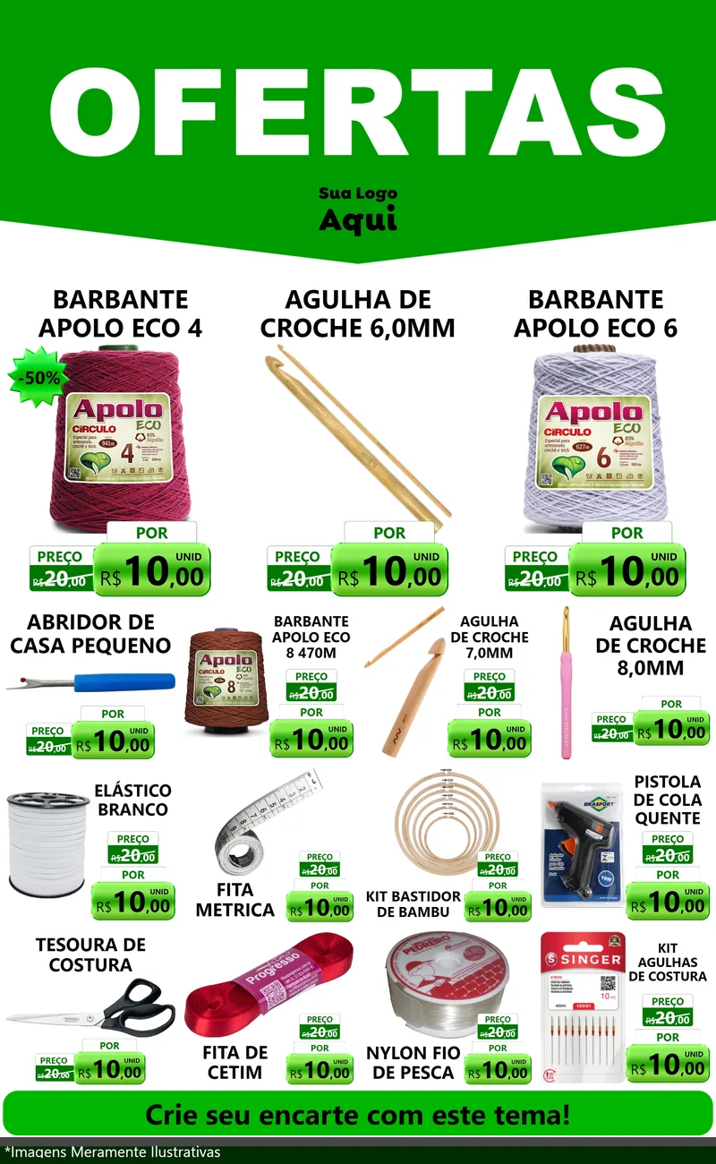 Modelo de Encarte para Encarte Grande com o tema Ofertas Verde Cartaz para Armarinho e Aviamentos