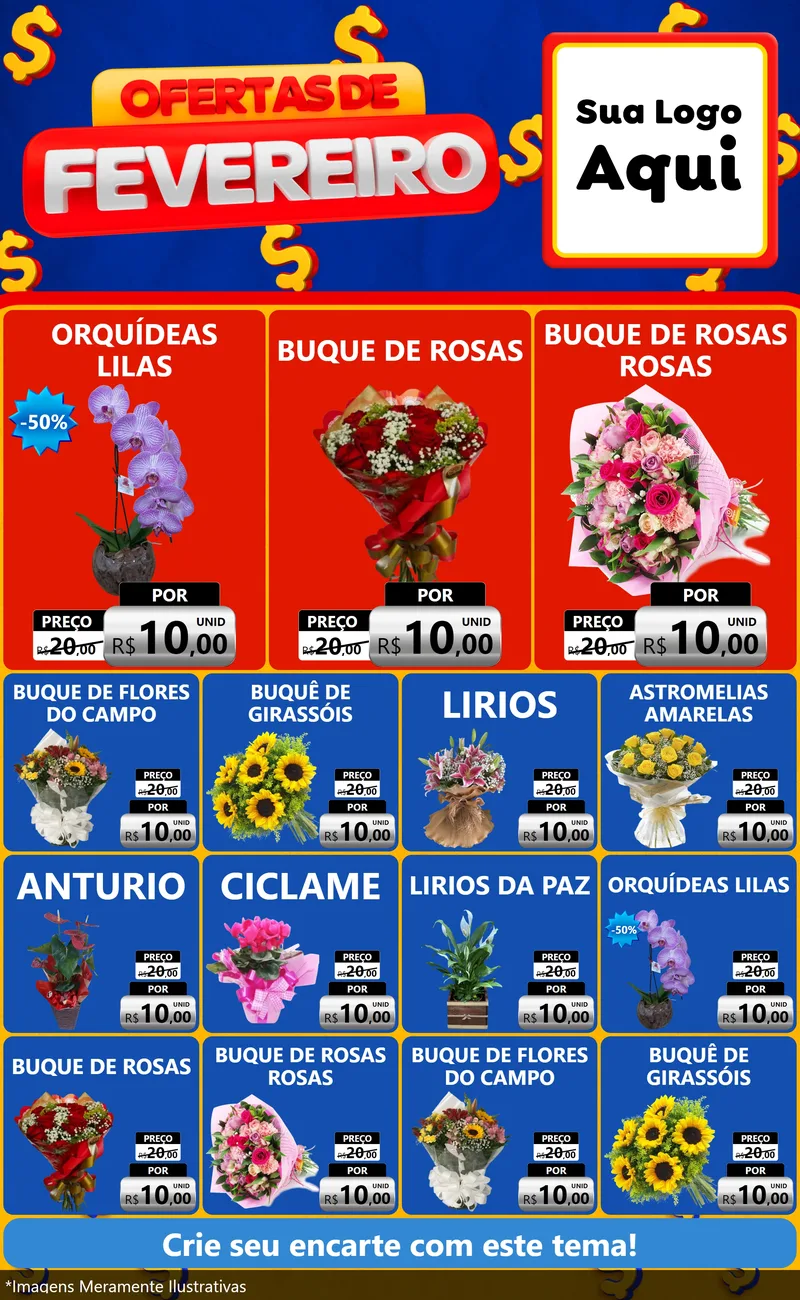 Modelo de Encarte para Encarte Grande com o tema Ofertas de Fevereiro para Floricultura e jardim