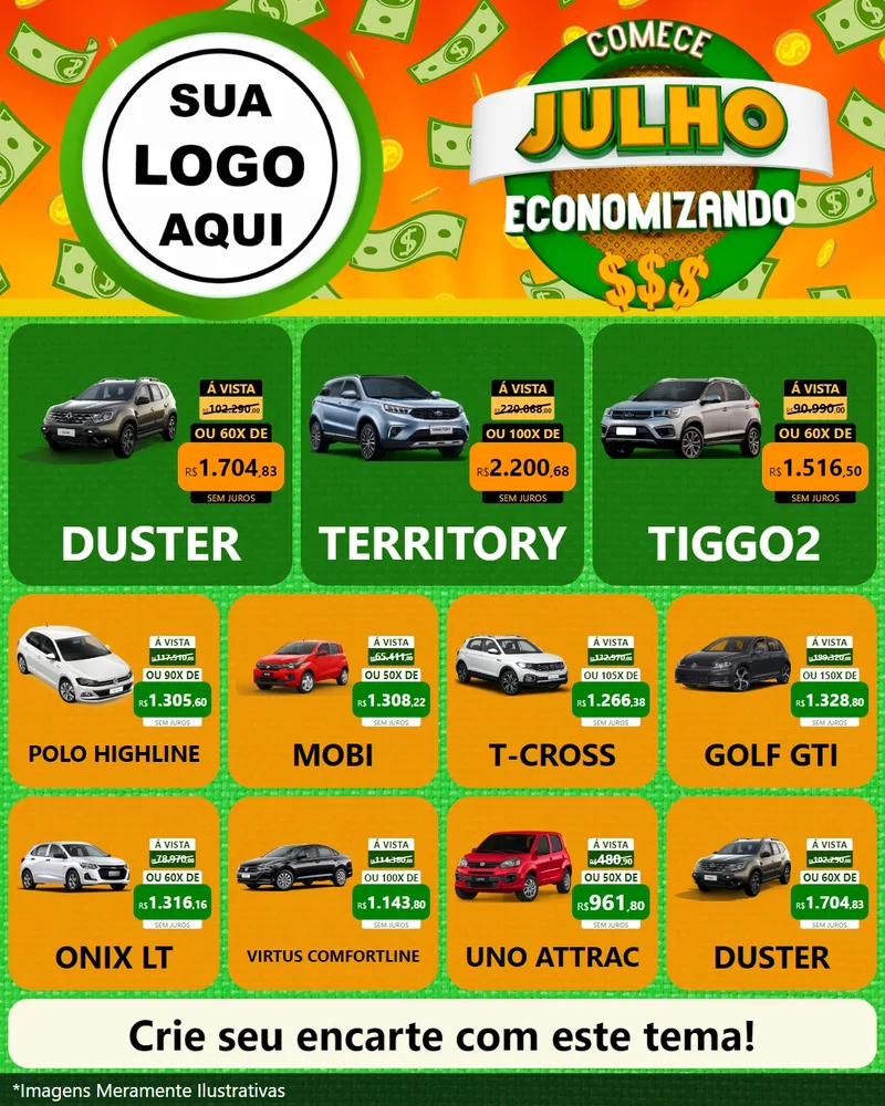 Modelo de Rede Social para Feed Instagram com o tema Comece Julho Economizando para Concessionaria de Carros