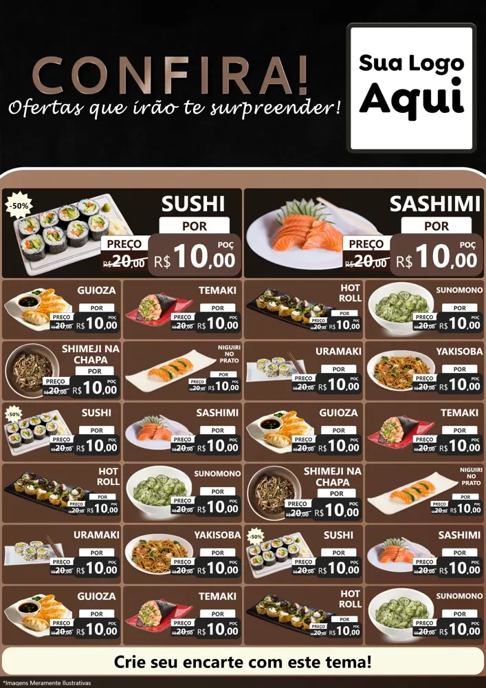 Modelo de Encarte para Encarte A4 Vertical com o tema Confira! Ofertas que irão te surpreender! para Comida japonesa