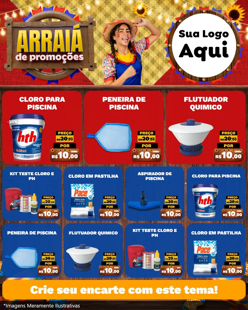 Modelo de Rede Social para Feed Instagram com o tema Arraiá de Promoções para Produtos para Piscina