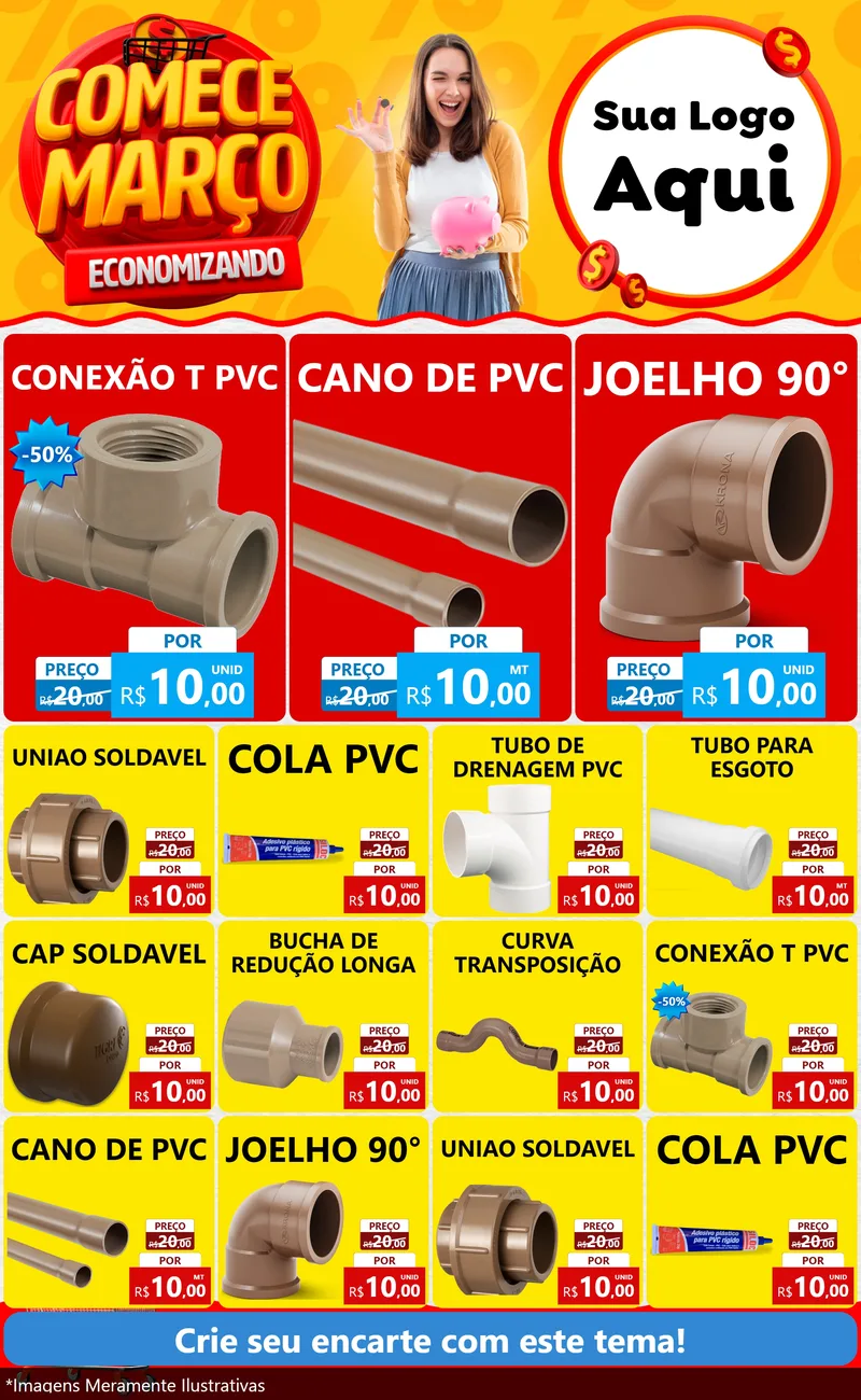 Modelo de Encarte para Encarte Grande com o tema Comece Março Economizando para Tubos e conexões