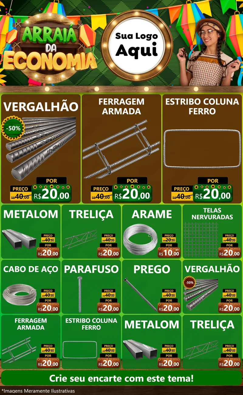 Modelo de Encarte para Encarte Grande com o tema Arraiá de Economia para Ferragens